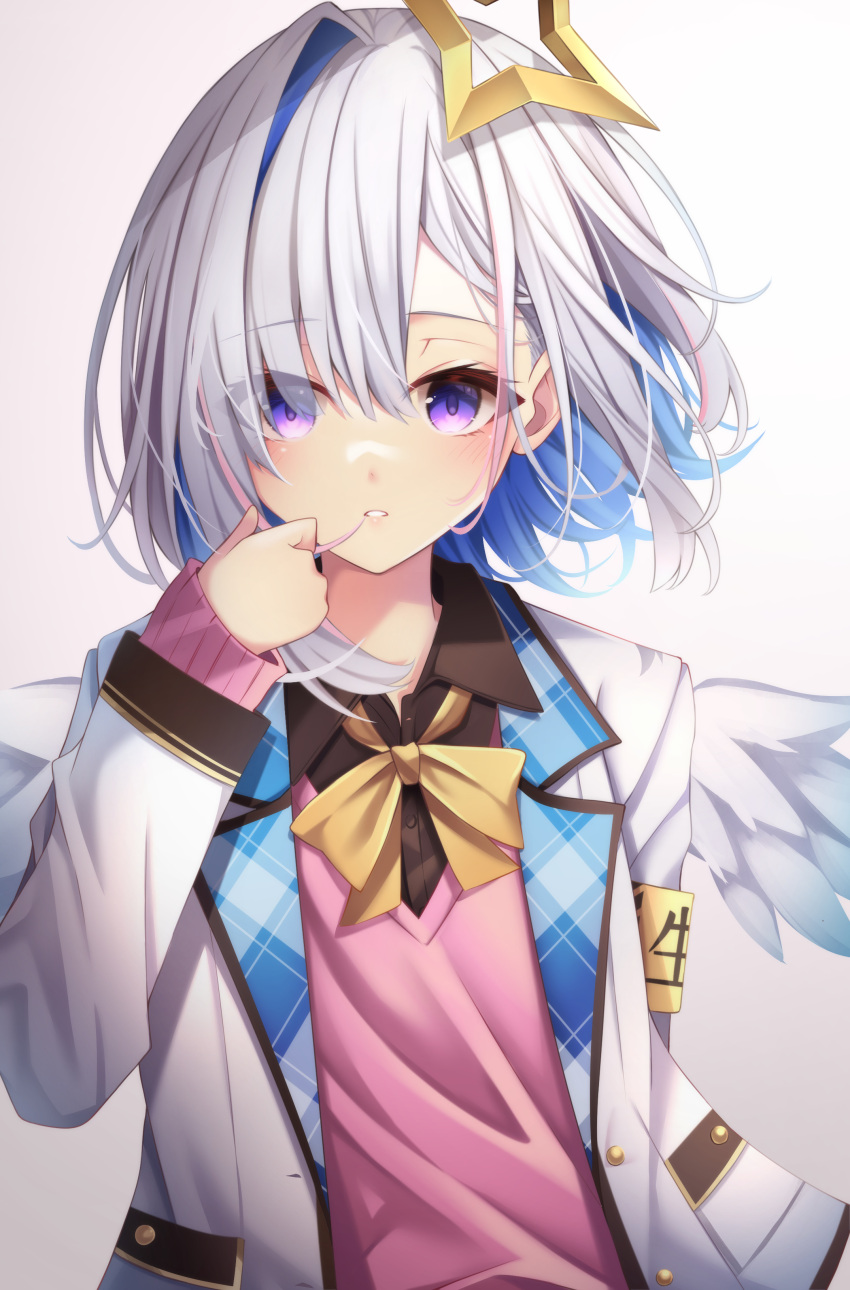 1girl absurdres amane_kanata angel angel_wings armband bangs blazer blue_hair blue_wings bow bowtie brown_shirt commentary_request dress_shirt eyebrows_visible_through_hair feathered_wings gradient gradient_wings grey_hair halo highres hololive jacket long_sleeves looking_at_viewer loose_bowtie multicolored_hair multicolored_wings open_clothes open_jacket pink_sweater pocket school_uniform shirt solo star_(symbol) star_halo streaked_hair sweater sweater_under_jacket tsukasa_tsubasa violet_eyes virtual_youtuber white_jacket white_wings wing_collar wings yellow_bow yellow_bowtie