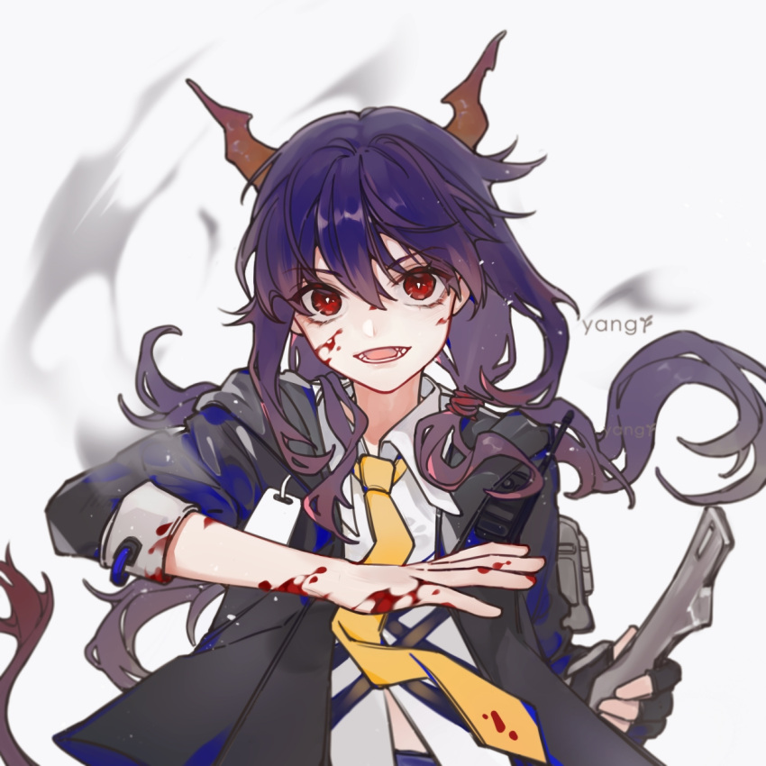 1girl :d arknights artist_name bangs black_gloves black_hair black_jacket blood blood_on_clothes blood_on_face ch'en_(arknights) dragon_girl dragon_horns fingerless_gloves gloves highres holding holding_sword holding_weapon horns jacket long_hair looking_at_viewer necktie open_mouth redhead simple_background single_glove smile solo sword weapon white_background yasuyou yellow_necktie
