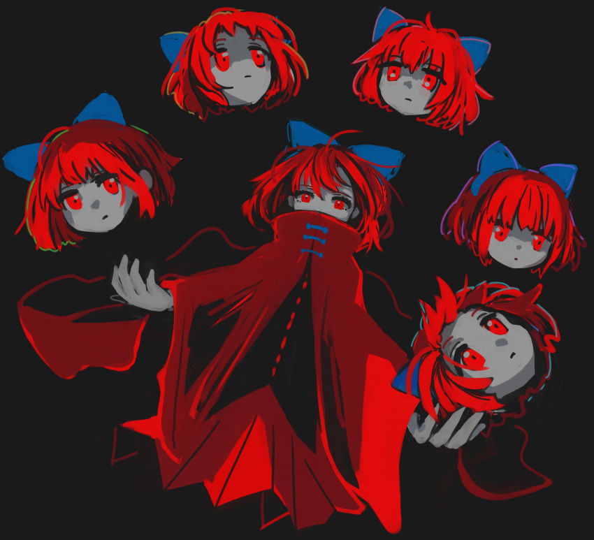 1girl :| absurdres ahoge black_background black_shirt blue_bow bow cloak closed_mouth covered_mouth expressionless hair_bow highres ichinose_(kurui96) juggling long_sleeves looking_at_viewer one-hour_drawing_challenge red_cloak red_eyes red_skirt redhead sekibanki shirt short_hair simple_background skirt solo touhou upper_body wide_sleeves