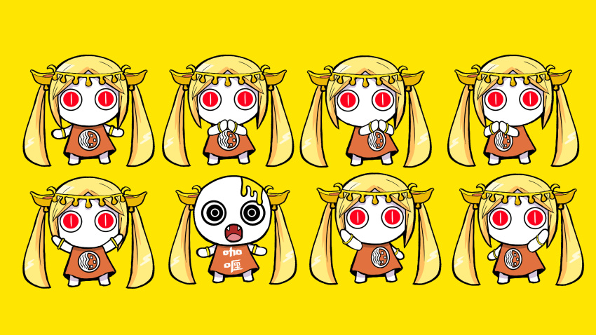 aimaina blonde_hair bracelet brown_dress chibi commentary_request cosmospice_(vocaloid) doushite-chan dress hair_ornament highres jewelry long_hair official_art original pinocchio-p red_eyes simple_background slit_pupils twintails vocaloid yellow_background yellow_theme