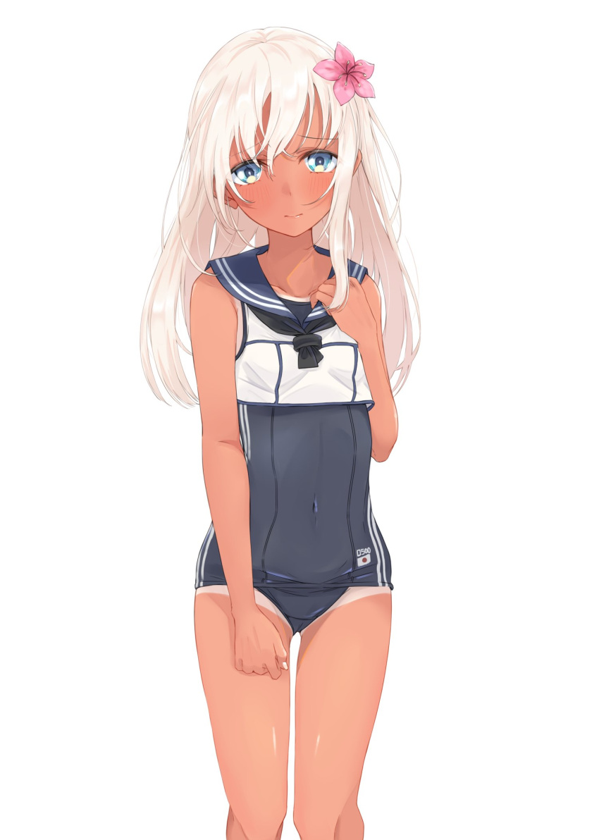 1girl alakoala bangs blue_eyes blue_sailor_collar blue_swimsuit blush breasts closed_mouth commentary_request flower hair_flower hair_ornament hibiscus highres kantai_collection long_hair looking_at_viewer one-piece_swimsuit one-piece_tan pink_flower ro-500_(kancolle) sailor_collar simple_background sleeveless small_breasts solo swimsuit swimsuit_under_clothes tan tanlines white_background