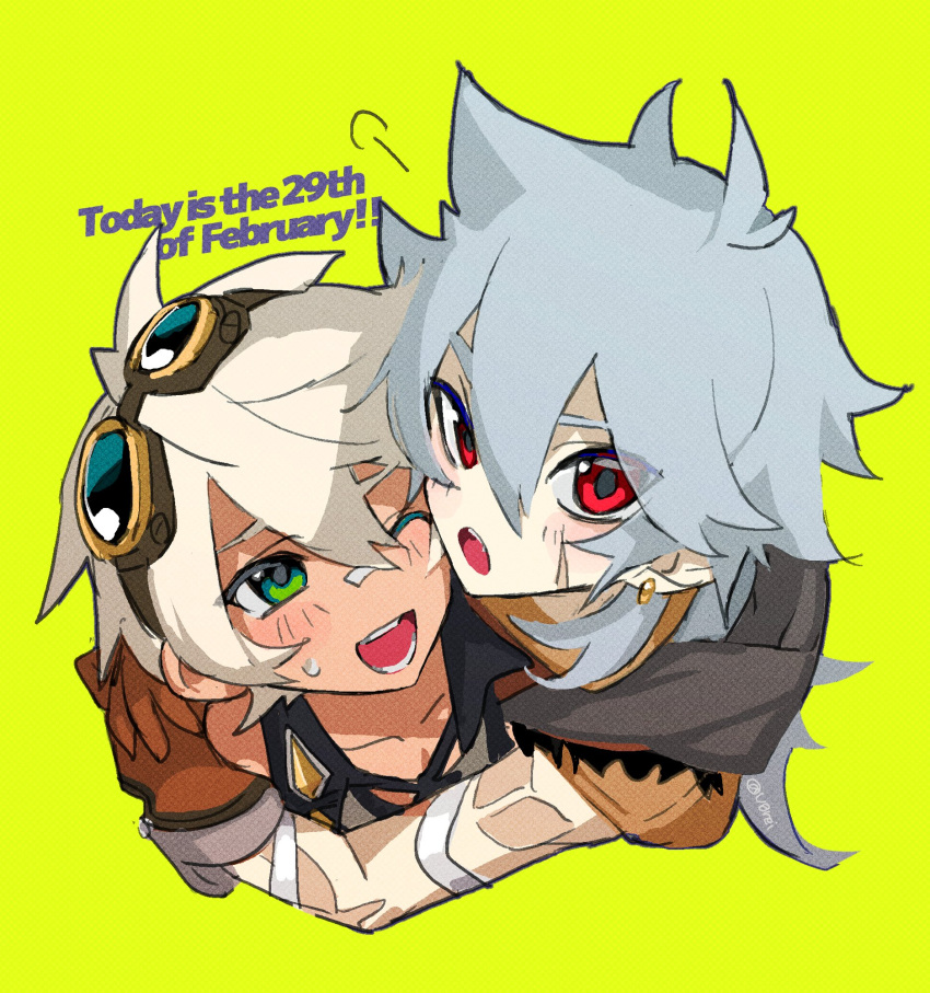 2boys =3 bandages bangs bennett_(genshin_impact) blush brown_gloves ear_piercing english_text genshin_impact gloves goggles goggles_on_head green_background green_eyes grey_hair highres hood hood_down interlocked_fingers long_hair looking_at_viewer male_focus multiple_boys one_eye_closed open_mouth piercing razor_(genshin_impact) red_eyes scar scar_on_face simple_background sweat symbol-only_commentary u0rei upper_body white_hair