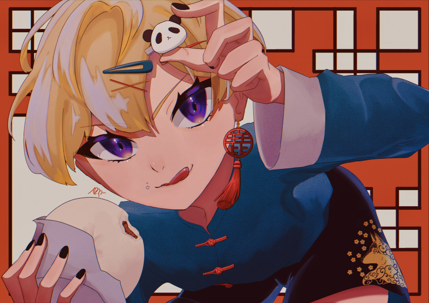 1girl absurdres androgynous blonde_hair blue_eyes chinese_clothes crumbs earrings eating food food_on_face hair_ornament highres jewelry long_sleeves natsunotori panda panda_hair_ornament shishigome_oto short_hair shorts solo tokyo_7th_sisters tongue tongue_out traditional_clothes