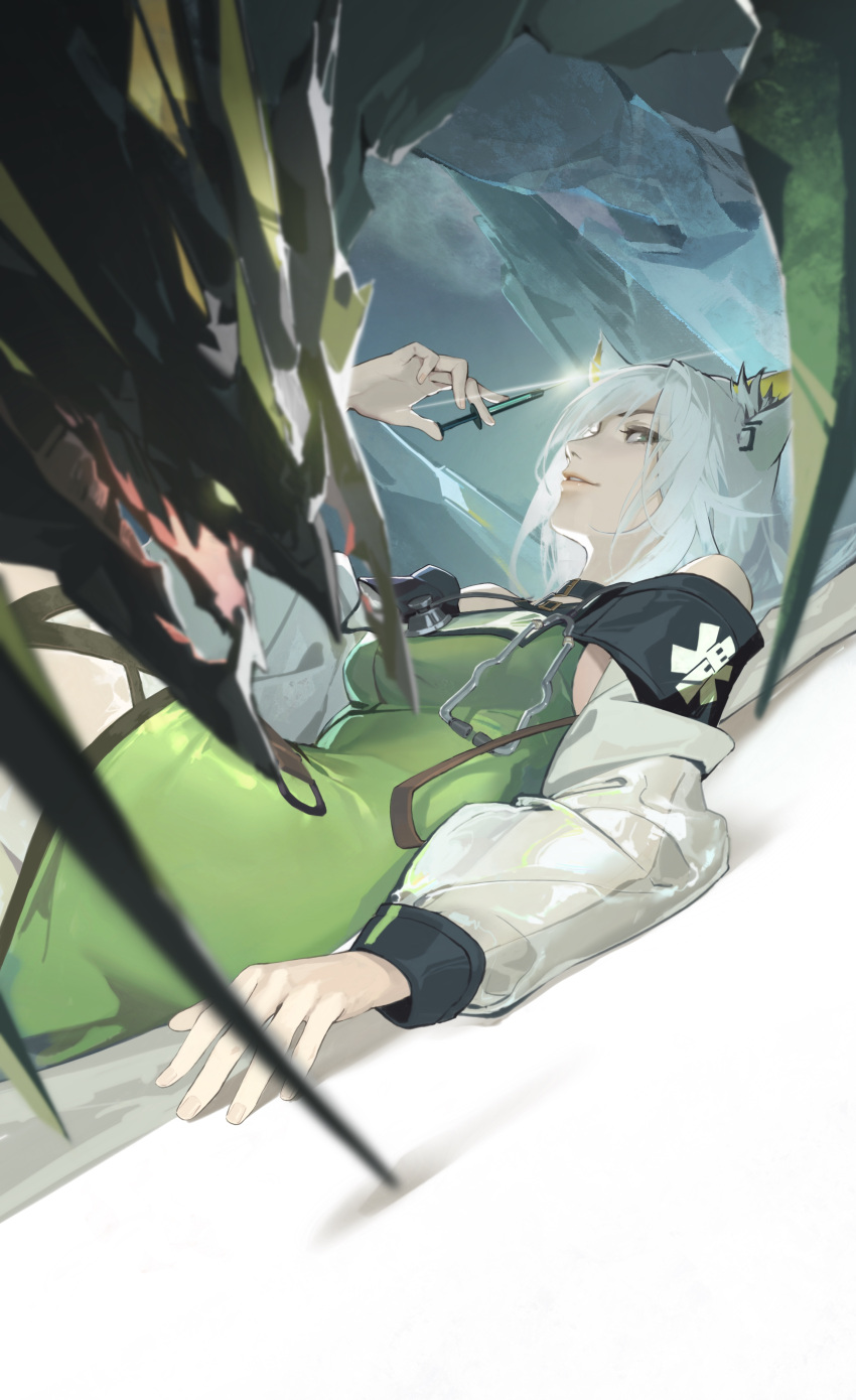 1girl absurdres animal_ear_fluff animal_ears arknights arm_up cat_ears cat_girl dress feet_out_of_frame green_dress green_eyes highres holding holding_syringe jacket kal'tsit_(arknights) knees_up long_hair long_sleeves looking_at_viewer lying mon3tr_(arknights) off-shoulder_jacket off_shoulder on_back sanbai_jin_ye_da_mao see-through see-through_sleeves sideways_glance smile solo stethoscope syringe white_jacket