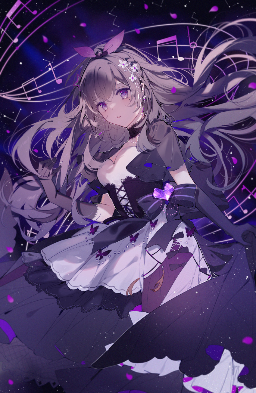 1girl absurdres black_choker blush bow breasts bug butterfly choker dress earrings flower frilled_dress frills gloves hair_bow hair_flower hair_ornament highres jewelry large_breasts long_hair looking_at_viewer original petals purple_bow purple_butterfly purple_dress purple_gloves purple_hair qianqianjie solo violet_eyes virtual_youtuber white_flower