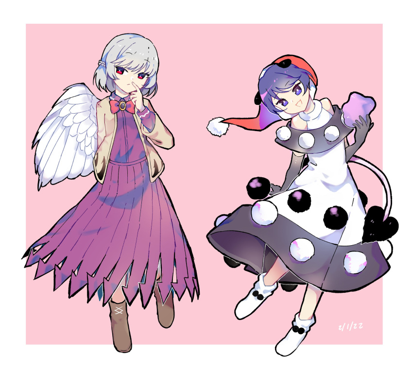 2girls absurdres animal_ears bangs black_capelet black_dress black_gloves blue_eyes blue_hair book boots border brown_footwear capelet commentary_request commeowdore doremy_sweet dress elbow_gloves feathered_wings gloves grey_hair hat highres holding holding_book kishin_sagume light_brown_jacket multicolored_clothes multicolored_dress multiple_girls nightcap pink_background pom_pom_(clothes) purple_dress red_eyes red_headwear short_hair single_wing sleeveless sleeveless_dress socks tail tapir_ears tapir_tail touhou white_border white_dress white_legwear white_wings wings
