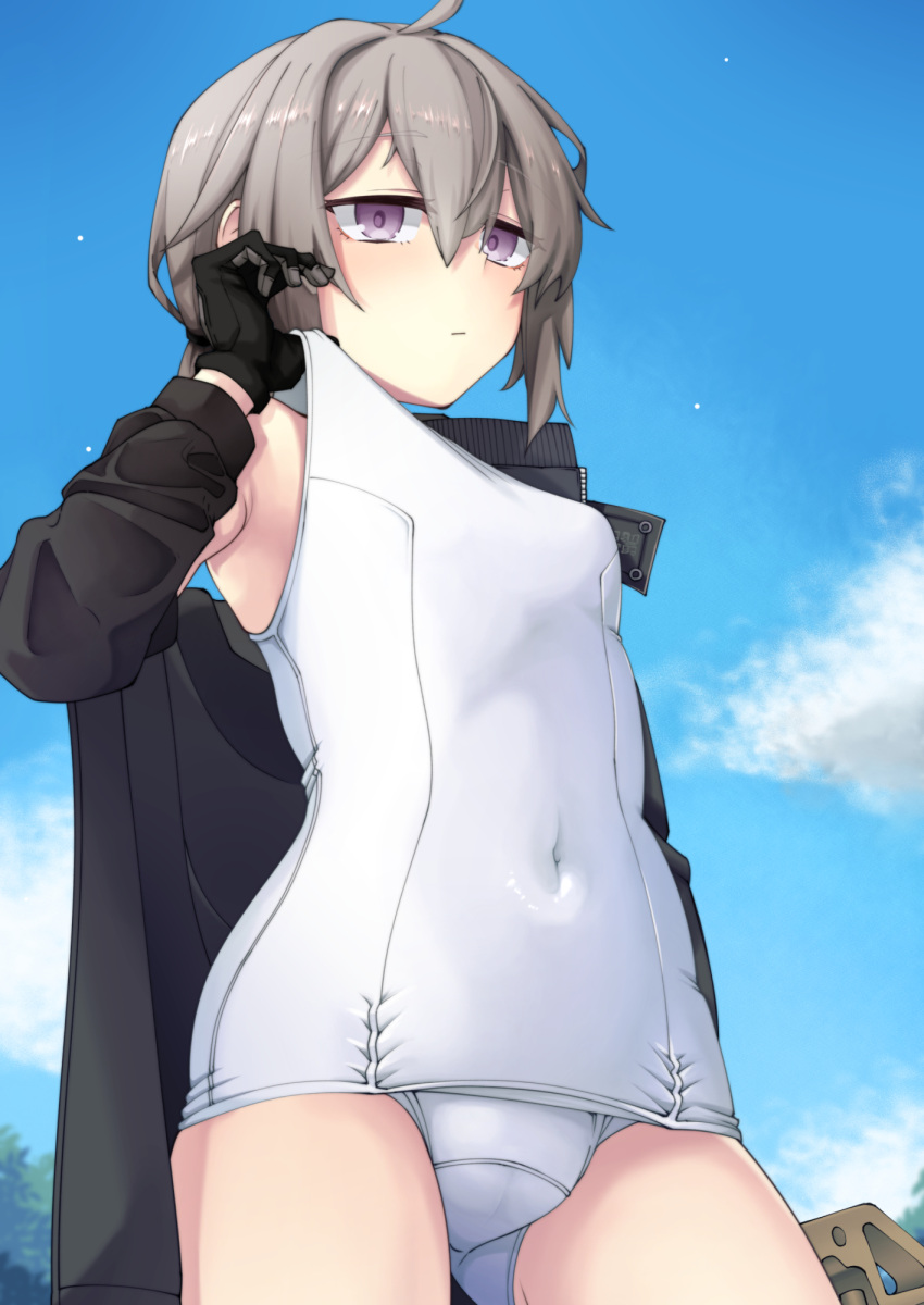 1girl ahoge ass_visible_through_thighs black_gloves black_jacket clothes_pull covered_navel day eyebrows_visible_through_hair girls_frontline gloves grey_hair highres jacket m200_(girls'_frontline) nakiusagi one-piece_swimsuit ponytail solo swimsuit swimsuit_pull violet_eyes white_swimsuit