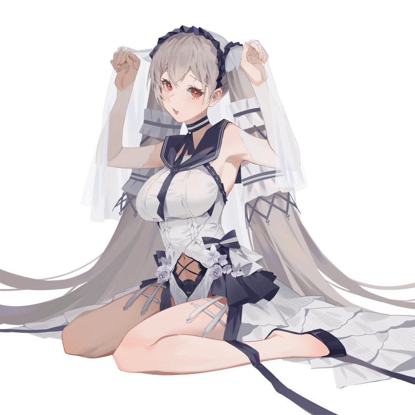 1girl absurdres arms_up azur_lane bangs black_footwear breasts dress eyebrows_visible_through_hair formidable_(azur_lane) formidable_(timeless_classics)_(azur_lane) high_heels highres kaikaikai long_hair looking_at_viewer medium_breasts navel official_alternate_costume on_floor open_mouth paw_pose platinum_blonde_hair red_eyes smile solo twintails very_long_hair white_background white_dress