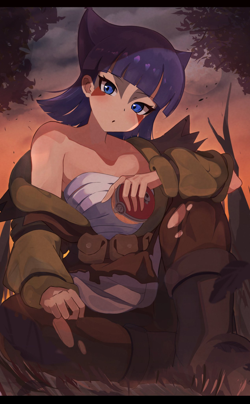1girl bangs blue_eyes blunt_bangs boots brown_bag brown_pants closed_mouth clouds coin_(pokemon) commentary_request eyelashes facepaint green_jacket highres holding holding_poke_ball jacket looking_at_viewer medium_hair moon off_shoulder outdoors pants poke_ball poke_ball_(legends) pokemon pokemon_(game) pokemon_legends:_arceus purple_hair sitting sky solo twilight umiru