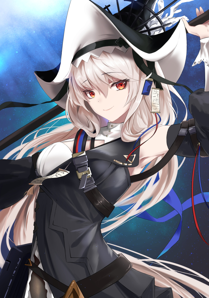 1girl arknights arm_up armpits bangs belt black_dress black_headwear black_legwear breasts closed_mouth cowboy_shot detached_sleeves dress eyebrows_visible_through_hair hat highres holding light_rays long_hair long_sleeves looking_at_viewer medium_breasts niie pantyhose pelvic_curtain red_eyes shoulder_strap smile solo specter_(arknights) specter_the_unchained_(arknights) underwater very_long_hair white_hair