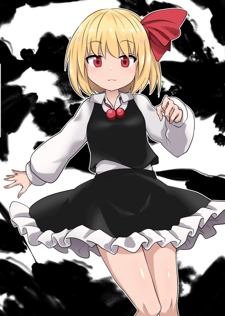 1girl ascot black_skirt black_vest blonde_hair chups darkness eyebrows_visible_through_hair feet_out_of_frame frilled_skirt frills hair_ribbon highres knees_together_feet_apart long_sleeves looking_at_viewer neck_bobbles red_eyes red_ribbon ribbon rumia shirt short_hair skirt skirt_set solo touhou vest white_shirt