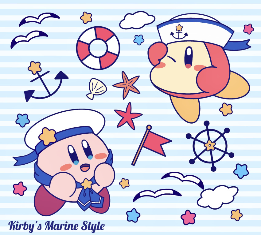 absurdres anchor anchor_symbol arm_up bird blue_background blue_eyes blue_neckerchief blue_ribbon blush blush_stickers character_name clouds commentary_request english_commentary english_text flag full_body hands_up happy hat hat_ribbon highres kirby kirby_(series) lifebuoy miwa_(ahyuck) mixed-language_commentary neckerchief no_humans no_mouth one_eye_closed open_mouth partial_commentary red_eyes ribbon sailor_hat seagull seashell shading_eyes shell ship's_wheel smile solid_oval_eyes star_(symbol) starfish striped striped_background waddle_dee white_headwear