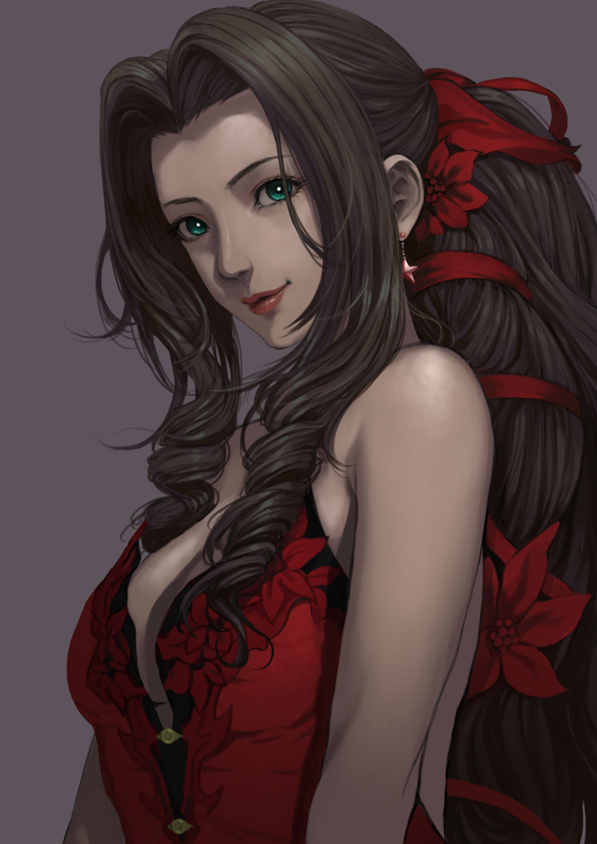 1girl aerith_gainsborough backless_dress backless_outfit bangs bare_arms bare_shoulders breasts brown_hair curly_hair dress earrings final_fantasy final_fantasy_vii final_fantasy_vii_remake flamenco_dress flower green_eyes grey_background hair_flower hair_ornament hair_ribbon highres jewelry lipstick long_hair makeup medium_breasts parted_bangs ponytail portrait red_dress ribbon rungsak_sontayanont sidelocks smile solo strapless strapless_dress upper_body