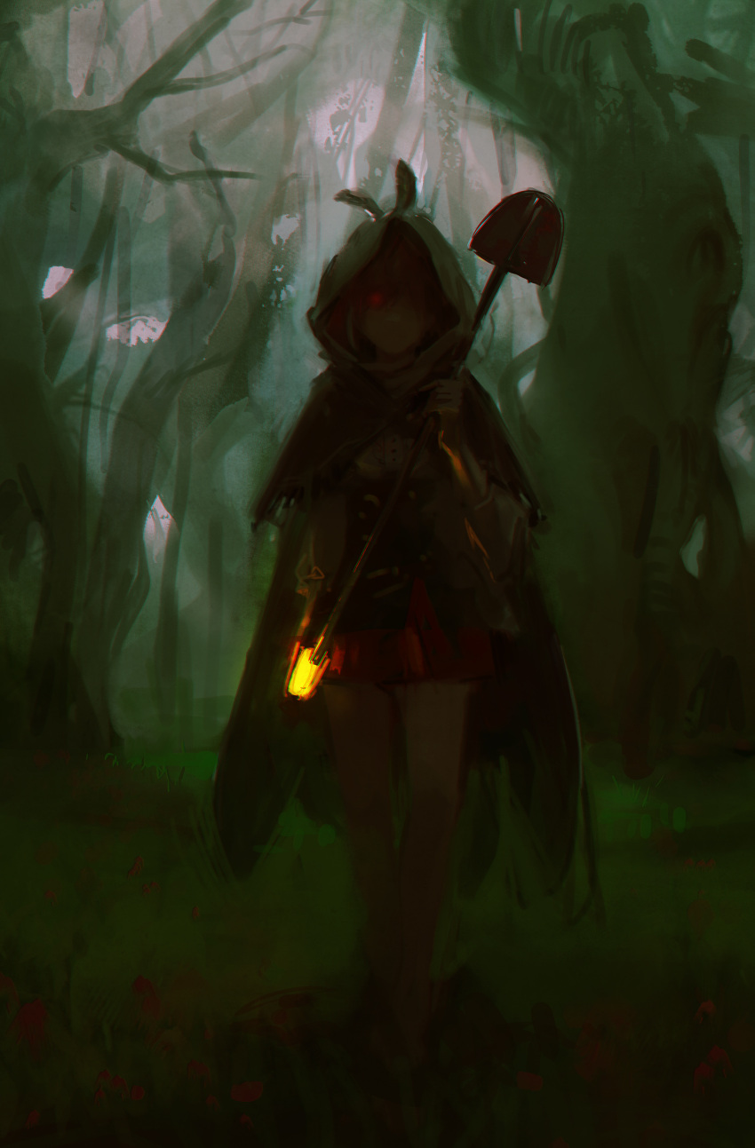 1girl absurdres bangs brown_capelet brown_cloak brown_corset brown_hair cape capelet cloak corset dino_(dinoartforame) feather_hair_ornament feathers flower forest glowing glowing_eye grass hair_ornament highres hololive hololive_english hood hood_up lantern light_rays multicolored_hair nanashi_mumei nature plant red_eyes red_flower red_skirt shirt shovel skirt solo streaked_hair vines virtual_youtuber white_shirt