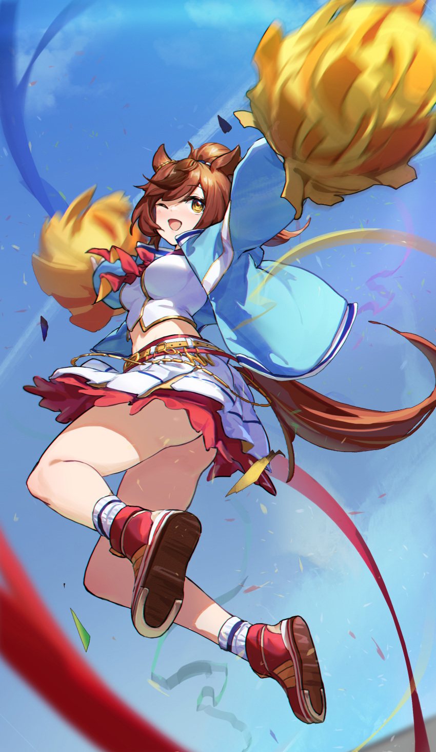 1girl absurdres animal_ears bangs belt blue_jacket breasts brown_hair confetti crop_top full_body high_tops highres holding holding_pom_poms horse_ears horse_girl horse_tail jacket jumping layered_skirt looking_up medium_breasts midriff motion_blur navel nice_nature_(run&amp;win)_(umamusume) nice_nature_(umamusume) one_eye_closed open_clothes open_jacket open_mouth outstretched_arms pom_pom_(cheerleading) ponytail r1zen red_footwear shirt shoes skirt smile sneakers socks solo spread_arms tail thighs umamusume white_legwear white_shirt white_skirt yellow_eyes
