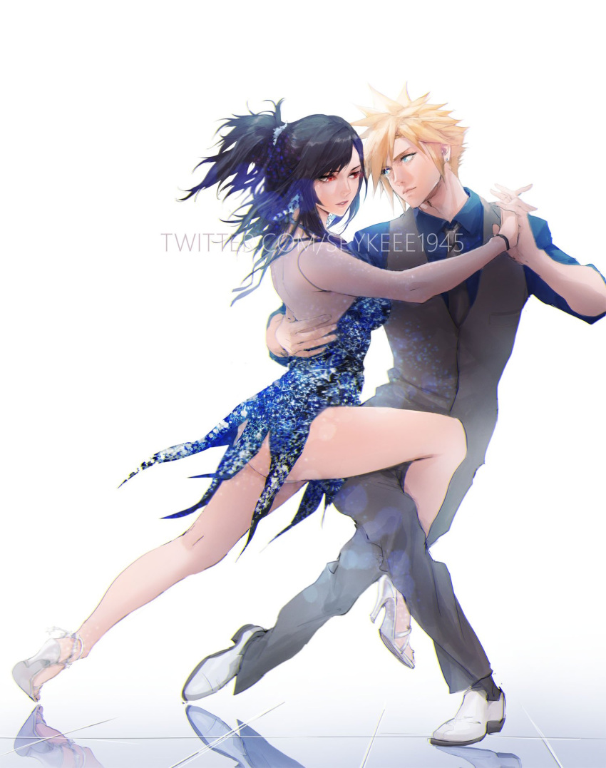 1boy 1girl ass black_hair blonde_hair blue_eyes cloud_strife couple dancing dress earrings final_fantasy final_fantasy_vii final_fantasy_vii_remake formal full_body hand_on_another's_back high_heels highres holding_hands jewelry legs long_hair looking_at_another necktie red_eyes reflective_floor shoes short_dress spiky_hair spykeee suit tifa_lockhart twitter_username