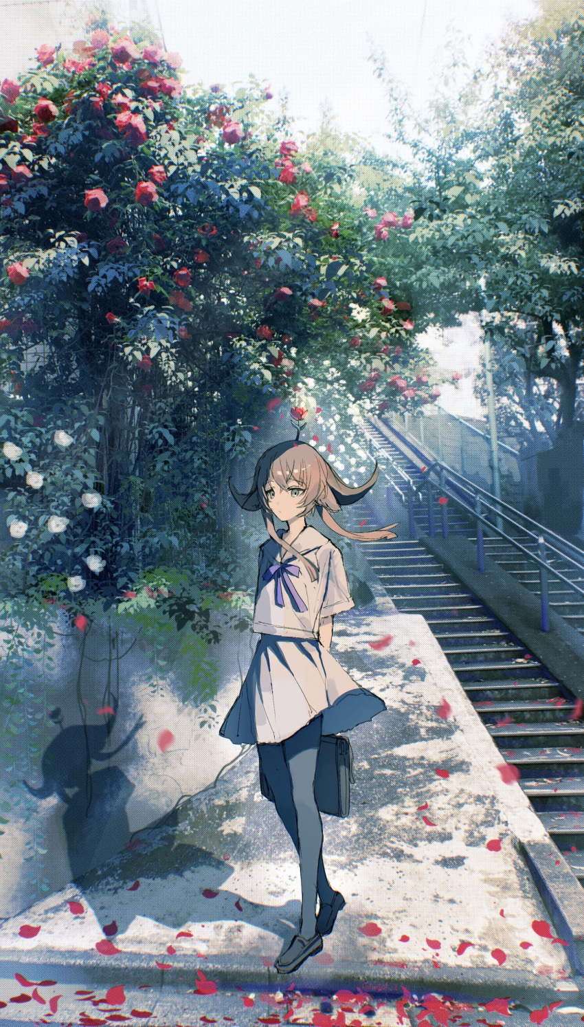 1girl absurdres arknights arms_behind_back black_footwear black_legwear bow brown_hair closed_mouth commentary_request day flower flower_on_head green_eyes highres holding horns loafers long_hair matsuoka_(mtok_0) outdoors pallas_(arknights) pantyhose pleated_skirt purple_bow railing red_flower red_rose rose sailor_collar school_briefcase school_uniform serafuku shirt shoes skirt solo stairs standing tree white_flower white_rose white_sailor_collar white_serafuku white_shirt white_skirt