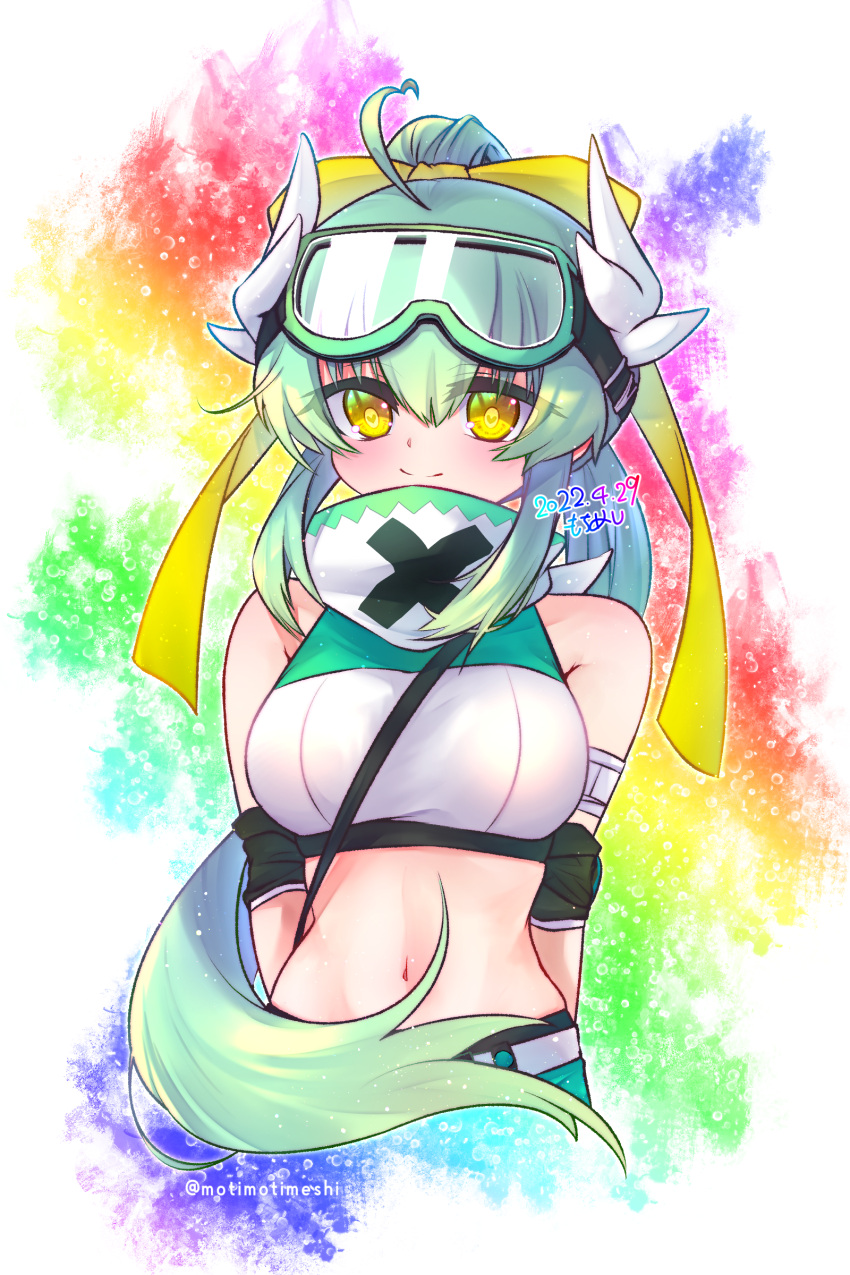 1girl absurdres ahoge armlet bow closed_mouth crop_top dated fate/grand_order fate_(series) goggles goggles_on_head green_hair hair_bow heart heart_in_eye highres kiyohime_(fate) kiyohime_(jurassic_dream)_(fate) long_hair looking_at_viewer midriff motimotimeshi navel official_alternate_costume ponytail rainbow_background signature smile solo symbol_in_eye twitter_username yellow_bow yellow_eyes