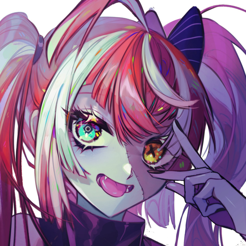 1girl bangs black_nails brown_eyes colored_skin fangs green_eyes grey_hair grey_skin highres hololive hololive_indonesia kureiji_ollie multicolored_hair portrait redhead sattari smile solo stitched_face streaked_hair tongue tongue_out twintails v virtual_youtuber white_background zombie