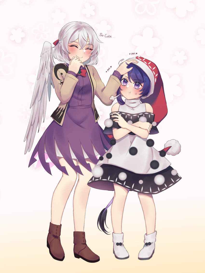 2girls :t absurdres animal_ears black_dress blue_hair boots brown_footwear capelet crossed_arms doremy_sweet dress english_commentary engrish_commentary feathered_wings full_body grey_hair hand_on_another's_head hat headpat highres kishin_sagume light_brown_jacket multicolored_clothes multicolored_dress multiple_girls nightcap pom_pom_(clothes) pout purple_dress red_headwear sakikagami single_wing standing tail tapir_ears tapir_tail touhou violet_eyes white_dress white_footwear white_wings wings