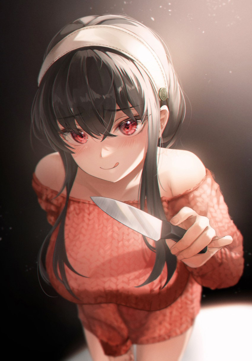 1girl 7d7y7 :q absurdres backlighting bangs bare_shoulders black_hair blush breasts eyebrows_visible_through_hair furrowed_brow hairband highres holding holding_knife kitchen_knife knife large_breasts leaning_forward long_hair looking_at_viewer no_pants off-shoulder_sweater off_shoulder red_eyes red_sweater sidelocks solo spy_x_family sweater tongue tongue_out white_hairband yor_briar