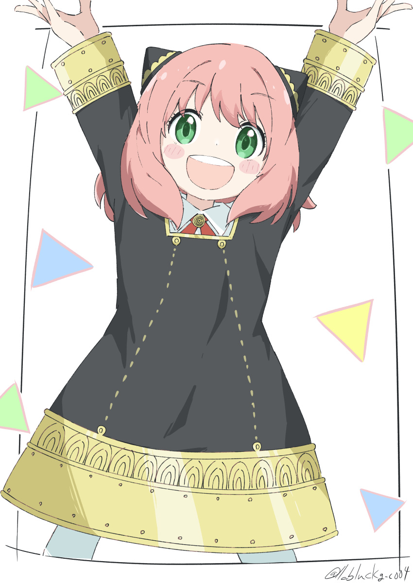 1girl absurdres anya_(spy_x_family) arms_up bangs black_dress blush_stickers cowboy_shot cynical_(llcbluckg_c004) dress eyebrows_visible_through_hair framed green_eyes hair_ornament highres long_sleeves medium_hair open_mouth pink_hair smile solo solo_focus spy_x_family teeth triangle twitter_username upper_teeth white_background