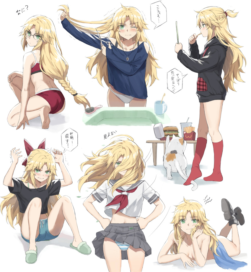 1girl bangs blonde_hair braid breasts fate/apocrypha fate_(series) french_braid green_eyes highres long_hair looking_at_viewer mordred_(fate) mordred_(fate/apocrypha) multiple_views parted_bangs ponytail sidelocks small_breasts speech_bubble tonee translation_request