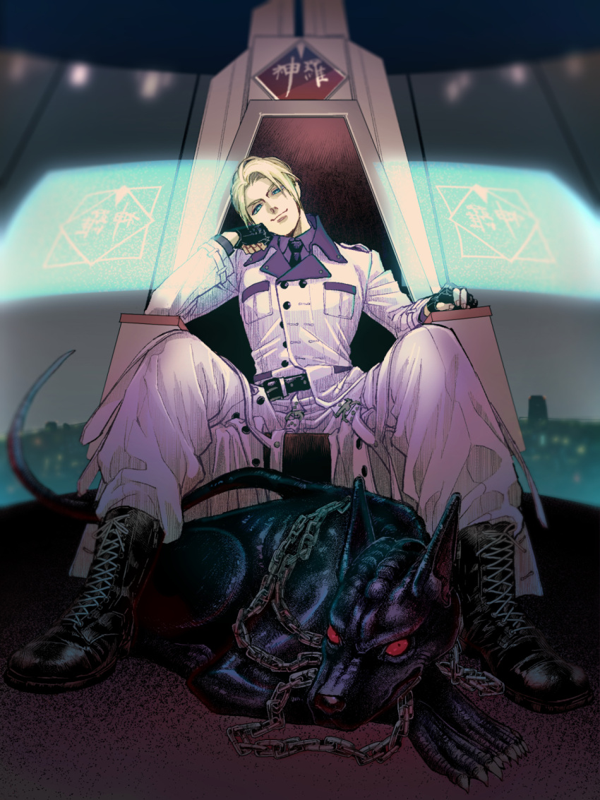 1boy bangs blonde_hair blue_eyes boots buttons chain coat dmsk dog final_fantasy final_fantasy_vii final_fantasy_vii_remake fingerless_gloves full_body gloves grey_shirt hand_to_own_face highres long_coat necktie parted_bangs red_eyes rufus_shinra shirt sitting spread_legs tail throne white_coat