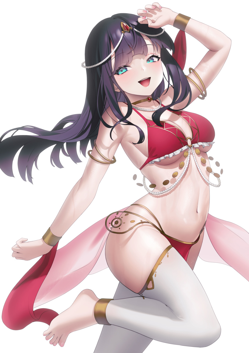 1girl absurdres aqua_eyes arm_up armlet aya_(lezon) bangs barefoot black_hair blush breasts dancer eyebrows_visible_through_hair gold_choker highres jewelry large_breasts long_hair looking_at_viewer navel necklace open_mouth original pearl_necklace see-through simple_background smile solo thigh-highs white_background white_legwear wristlet