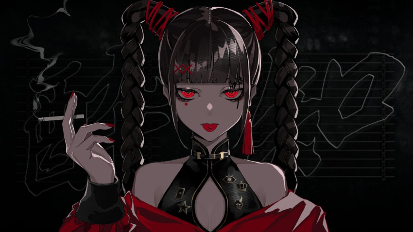 1girl bangs bare_shoulders black_hair blunt_bangs braid breasts cigarette cleavage_cutout clothing_cutout fingernails hair_ornament holding holding_cigarette lam_(ramdayo) long_hair looking_at_viewer off_shoulder official_art original piercing red_eyes red_nails second-party_source solo tongue tongue_out tongue_piercing twin_braids twintails vocaloid x_hair_ornament yoidore_shirazu_(vocaloid)