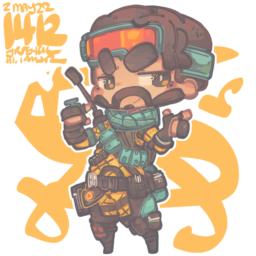 1boy apex_legends black_footwear black_gloves blue_scarf bodysuit brown_hair chibi dated facial_hair fingerless_gloves gloves goatee goggles goggles_on_head highres jr4rt mirage_(apex_legends) pointing radio_antenna scarf smile solo thick_eyebrows v-shaped_eyebrows yellow_bodysuit