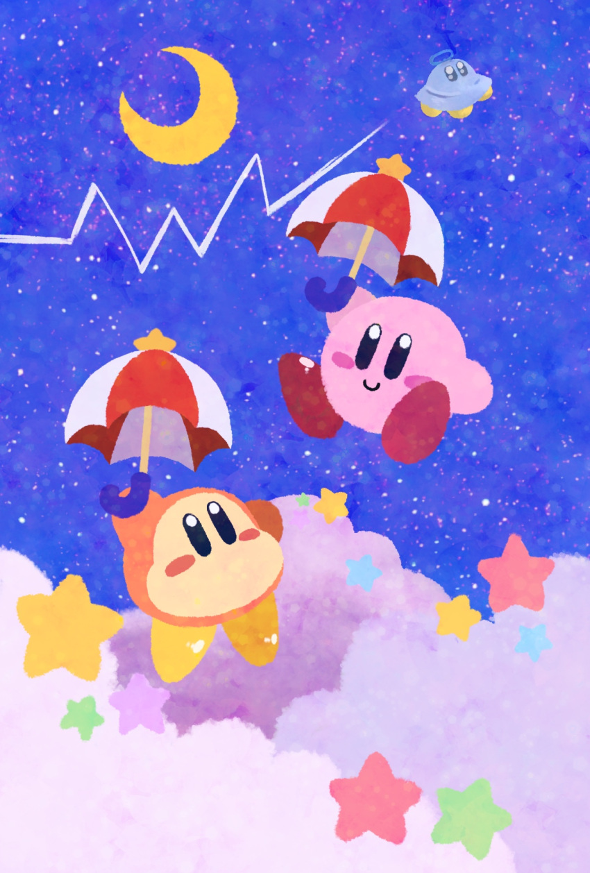 above_clouds arm_up black_eyes blue_background blue_eyes blue_sky blush blush_stickers closed_mouth clouds commentary_request floating full_body happy highres holding holding_umbrella kirby kirby_(series) midair miwa_(ahyuck) night no_humans no_mouth sky smile solid_oval_eyes star_(sky) star_(symbol) starry_sky ufo_(kirby) umbrella waddle_dee