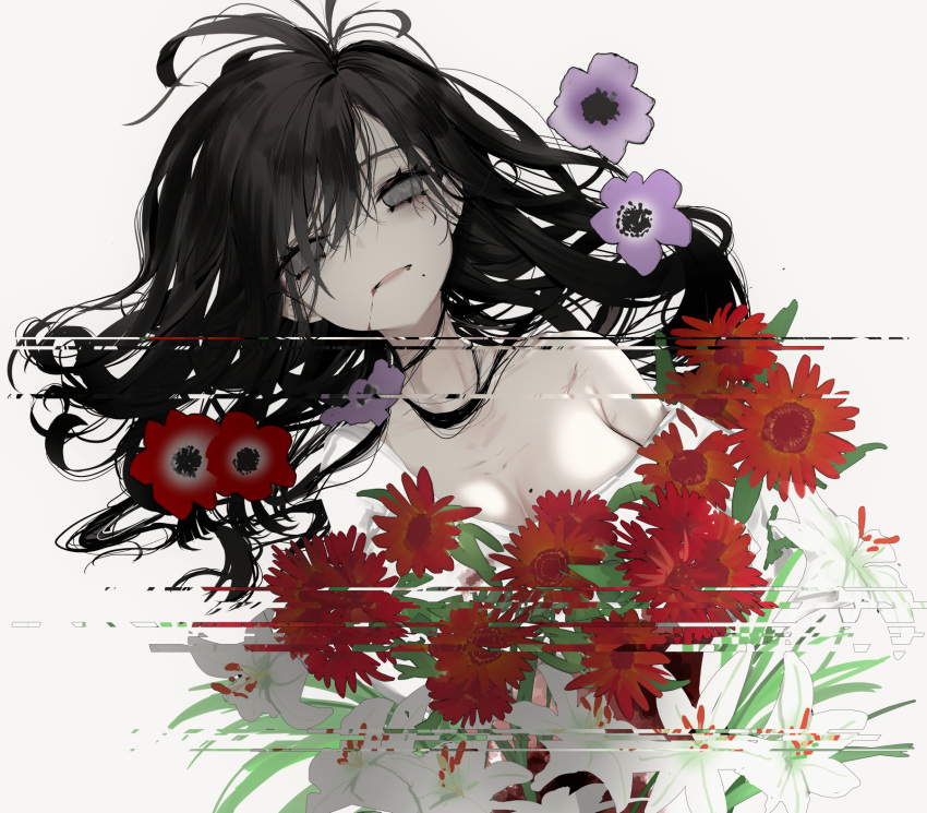 1girl black_hair blood blood_from_mouth blood_on_face breasts dress empty_eyes floating_hair flower glitch grey_eyes highres long_hair looking_at_viewer mole mole_on_breast mole_under_eye mole_under_mouth narue original parted_lips purple_flower simple_background solo white_background white_dress white_flower