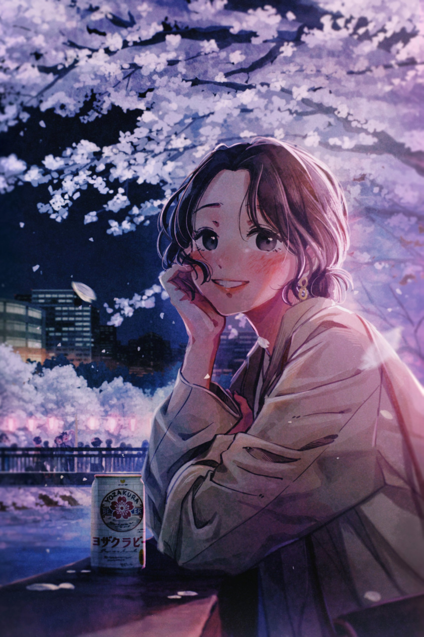 1girl absurdres arm_support beer_can blush bridge brown_eyes brown_hair brown_jacket building can cherry_blossoms earrings flower hand_up highres jacket jewelry leaning_forward long_sleeves looking_at_viewer night original outdoors parted_lips pink_flower ponytail railing river short_hair sky smile solo standing tree tsujin_bohboh