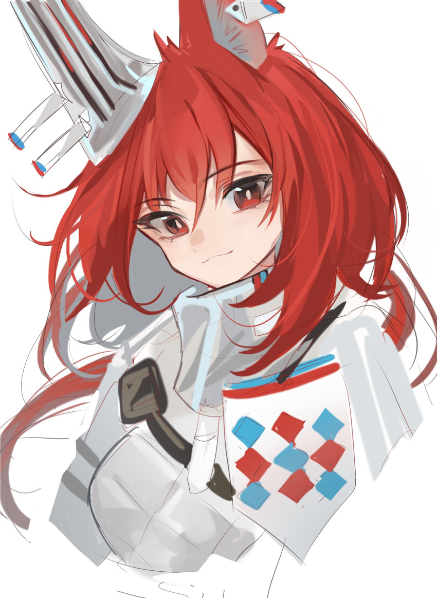 1girl absurdres animal_ear_fluff animal_ears arknights bangs closed_mouth commentary_request cropped_torso eyebrows_visible_through_hair flametail_(arknights) grey_jacket hair_between_eyes highres jacket kaguura_(kagu) long_hair looking_at_viewer red_eyes redhead simple_background smile solo squirrel_ears upper_body white_background
