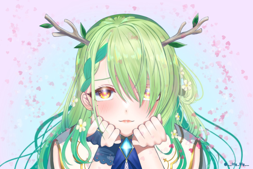 1girl artist_request bangs blush braid branch ceres_fauna earrings flower furrowed_brow green_hair hair_flower hair_ornament hands_on_own_face heart highres hololive hololive_english horns jewelry leaf leaning leaning_forward long_hair looking_at_viewer pink_background straight_hair yellow_eyes