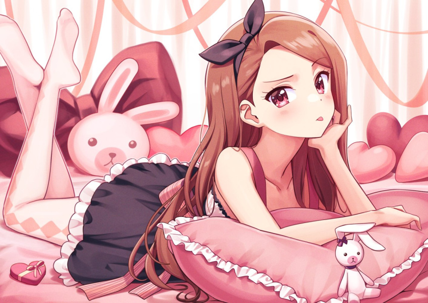 1girl :p asymmetrical_bangs bangs black_hairband blush box brown_hair collarbone cushion deadnooodles forehead hairband hand_on_own_cheek hand_on_own_face head_rest heart heart-shaped_box idolmaster idolmaster_(classic) long_hair looking_at_viewer lying minase_iori on_stomach pantyhose sash solo straight_hair stuffed_animal stuffed_bunny stuffed_toy tongue tongue_out