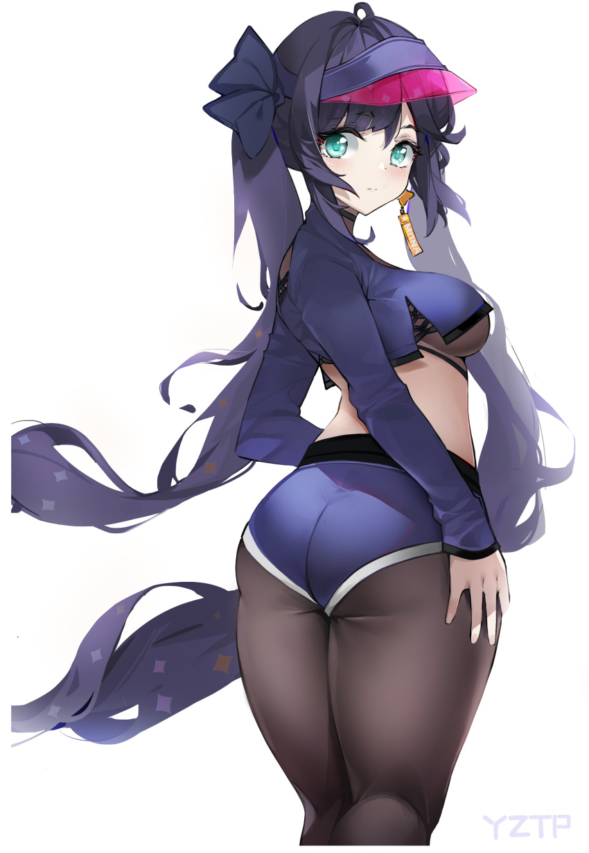1girl absurdres artist_name ass bangs blue_eyes blue_shorts bodystocking breasts brown_legwear closed_mouth crop_top earrings eyebrows_visible_through_hair from_behind genshin_impact highres jewelry long_hair long_sleeves looking_at_viewer looking_back medium_breasts micro_shorts mona_(genshin_impact) pantyhose purple_hair shorts simple_background solo twintails very_long_hair visor_cap white_background yztp_(sanmery)