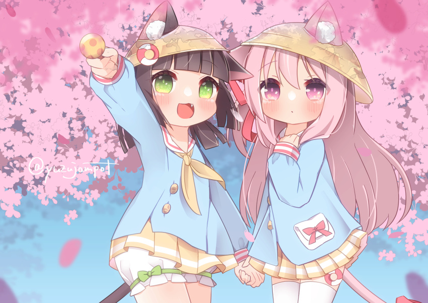 2girls absurdres animal_ear_fluff animal_ears arm_up artist_name azur_lane bangs bloomers blue_shirt blunt_bangs blush brown_hair candy cat_ears cat_girl cat_tail cherry_blossoms child fang flower food green_eyes hand_on_own_chest hat highres holding_hands kindergarten_uniform kisaragi_(azur_lane) lollipop long_hair low_twintails multiple_girls mutsuki_(azur_lane) open_mouth outdoors outstretched_arm petals pink_eyes pink_hair ribbon school_hat shirt short_hair side_ponytail skirt smile tail thigh-highs tree twintails underwear white_bloomers white_legwear yellow_headwear yellow_skirt yuzujampot