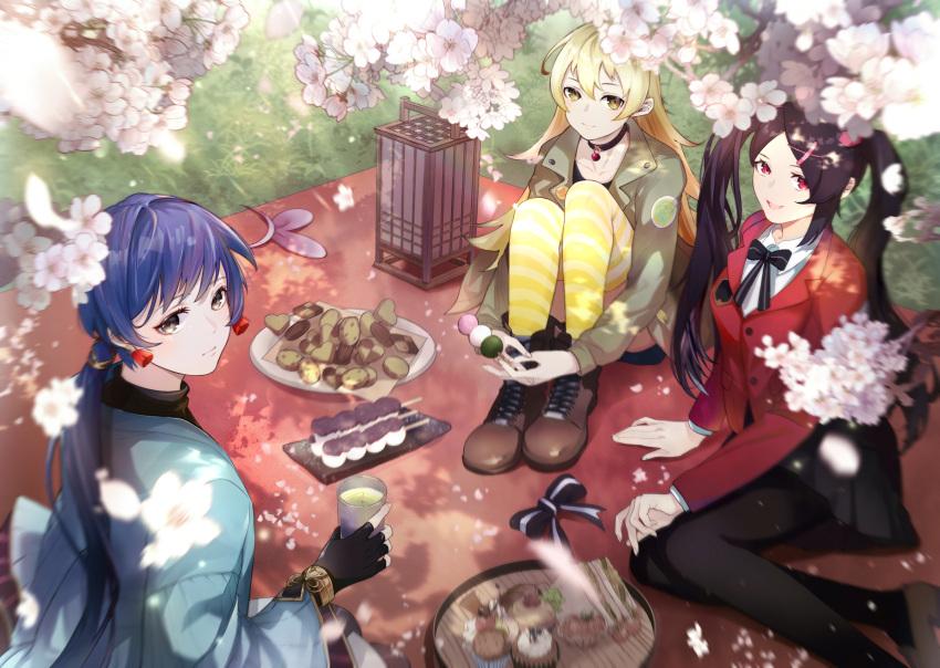 3girls black_bow black_choker black_gloves black_legwear black_shirt black_skirt blonde_hair blue_jacket boots bow brown_eyes brown_footwear choker collarbone collared_shirt cookie fingerless_gloves food gloves hair_behind_ear highres iono_(iono_kei) iori_(smc) jacket long_hair low_ponytail mila_(smc) multiple_girls ning_(smc) open_mouth picnic plate red_jacket school_uniform shirt sitting skindentation skirt smile super_mecha_champions thigh-highs twintails white_shirt yellow_eyes yellow_legwear