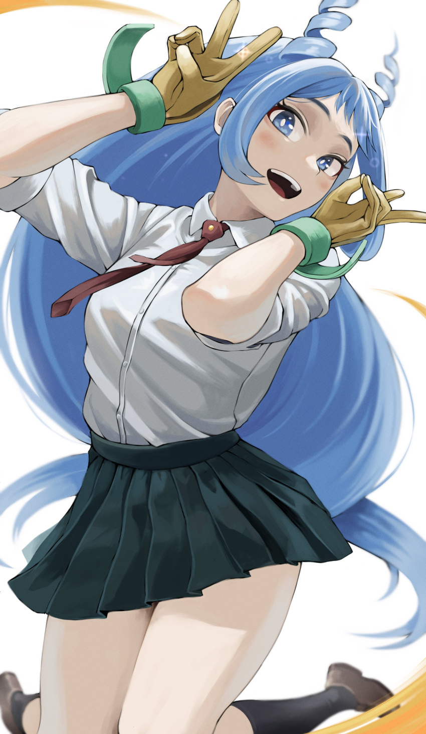 1girl absurdres blue_eyes blue_hair blush boku_no_hero_academia fengling_(furin-jp) gloves hadou_nejire highres jumping legs long_hair looking_at_viewer midair necktie open_mouth school_uniform simple_background skirt sleeves_folded_up socks solo v white_background