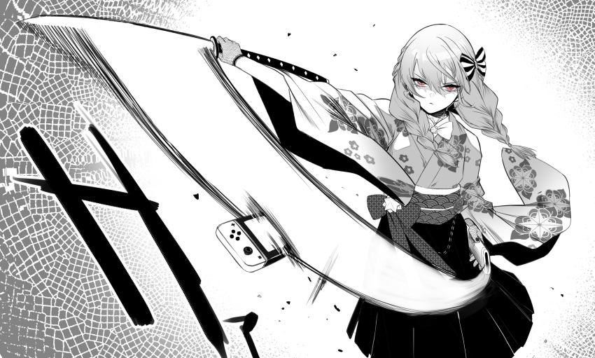 1girl absurdres bangs bow braid closed_mouth eredhen fishnet_gloves fishnets floral_print gloves greyscale hair_between_eyes hair_bow hakama hakama_skirt highres holding holding_sheath holding_sword holding_weapon hololive hoshimachi_suisei japanese_clothes katana kimono long_hair long_sleeves looking_at_viewer monochrome nintendo_switch print_kimono red_eyes sheath skirt slashing solo spot_color striped striped_bow sword twin_braids virtual_youtuber weapon wide_sleeves