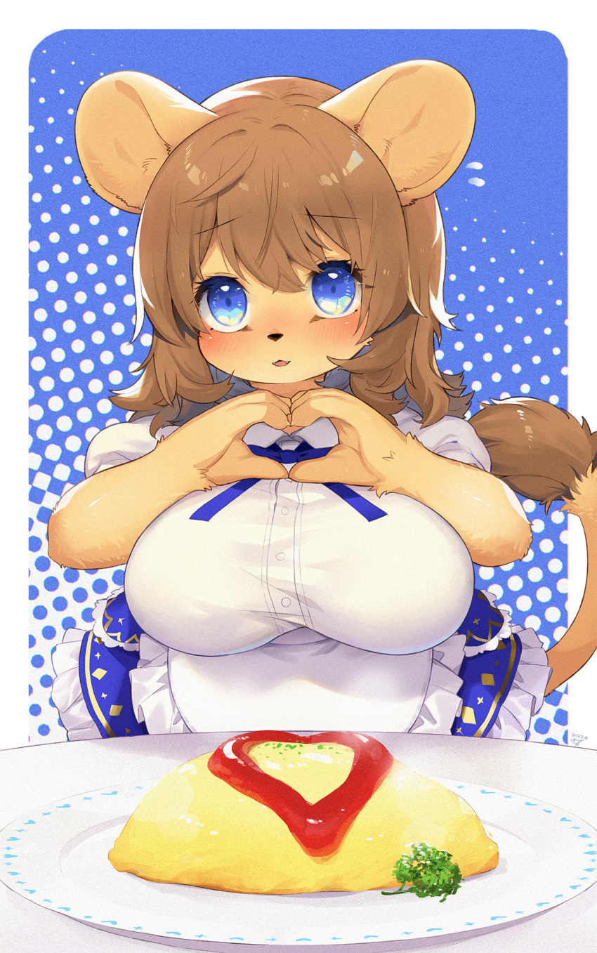 1girl animal_ears blue_background blue_eyes blue_skirt breasts brown_hair commentary_request eyebrows_visible_through_hair food furry furry_female heart heart_hands highres ketchup kishibe large_breasts long_hair looking_at_viewer omelet omurice original plate polka_dot polka_dot_background shirt short_hair skirt solo tail white_shirt