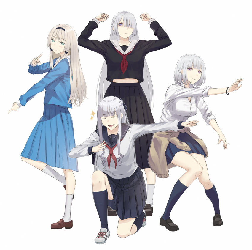 4girls ak-12_(girls'_frontline) ak-15_(girls'_frontline) an-94_(girls'_frontline) asakiri_koko bracelet closed_eyes clothes_around_waist defy_(girls'_frontline) girls_frontline highres jacket jacket_around_waist jewelry long_skirt multiple_girls platinum_blonde_hair pleated_skirt pose rpk-16_(girls'_frontline) school_uniform serafuku shoes skirt sneakers socks white_hair