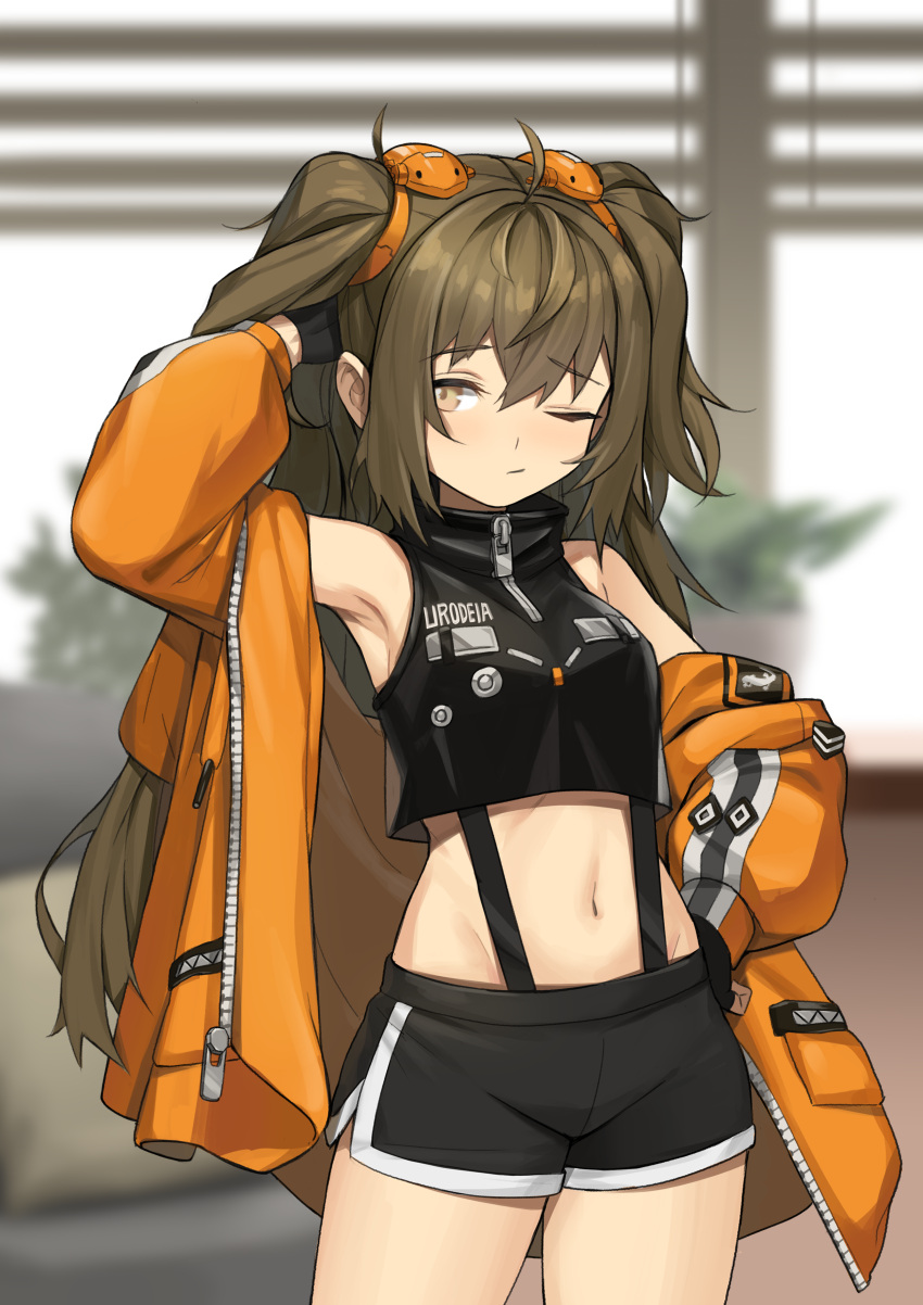 1girl absurdres ahoge black_shorts blurry blurry_background brown_hair fluf.p highres jacket long_hair navel off_shoulder one_eye_closed open_clothes orange_jacket short_shorts shorts solo standing taki_(wild_girls) twintails two_side_up wild_girls