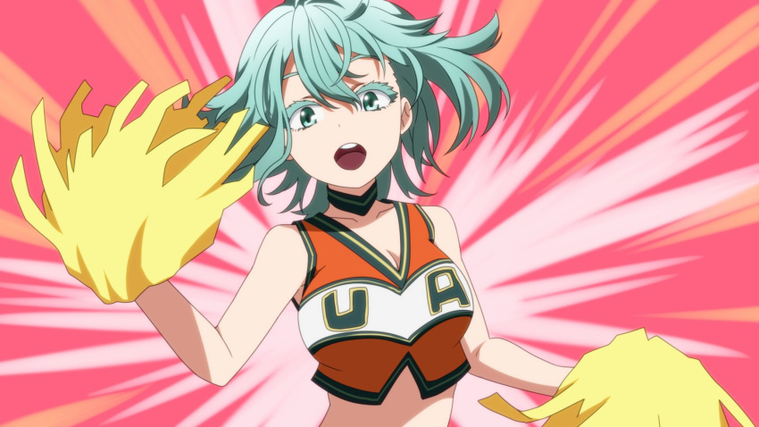 1girl anime_coloring bangs boku_no_hero_academia breasts cheerleader choker collarbone curly_hair eyelashes floating_hair green_eyes green_hair hagakure_tooru highres medium_breasts medium_hair myu060309 open_mouth pom_pom_(cheerleading) solo teeth upper_body upper_teeth