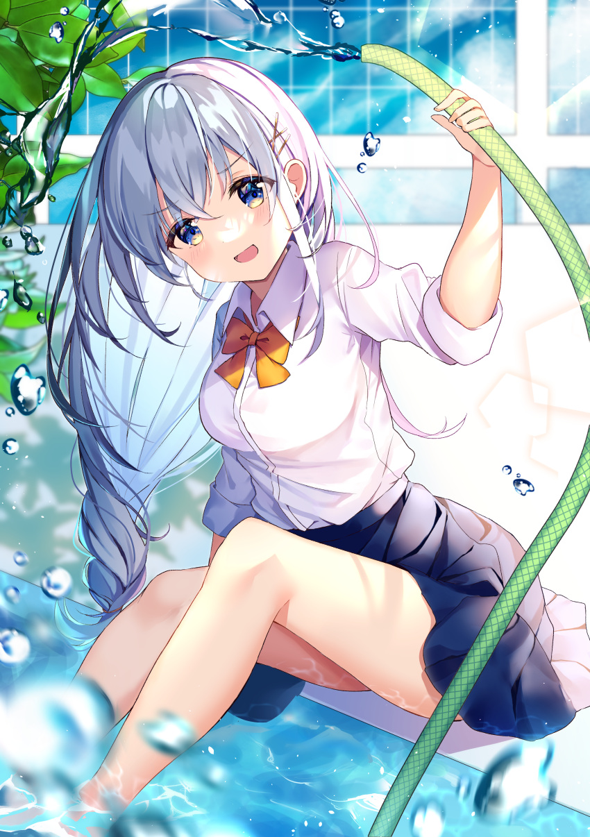 1girl :d absurdres bangs black_skirt blue_eyes blue_sky bow bowtie clouds cloudy_sky highres holding hose kasumillust long_hair long_sleeves looking_at_viewer open_mouth original outdoors school_uniform shirt skirt sky smile solo wading wading_pool water white_hair white_shirt yellow_bow yellow_bowtie