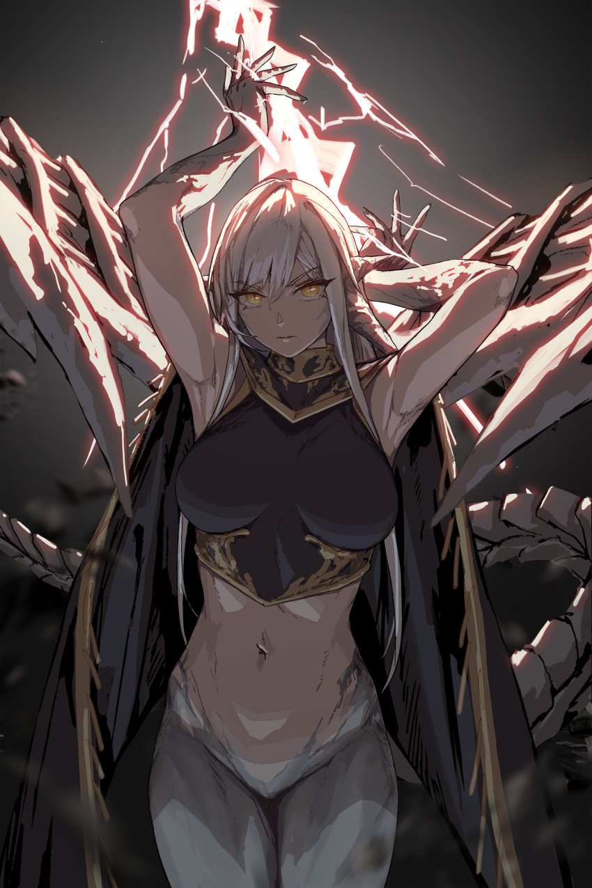 1girl ancient_dragon_lansseax aquila-n armpits arms_up bottomless breasts dragon_girl elden_ring highres holding_lightning_bolt horns large_breasts lightning long_hair looking_at_viewer navel personification slit_pupils solo tail very_long_hair white_hair yellow_eyes