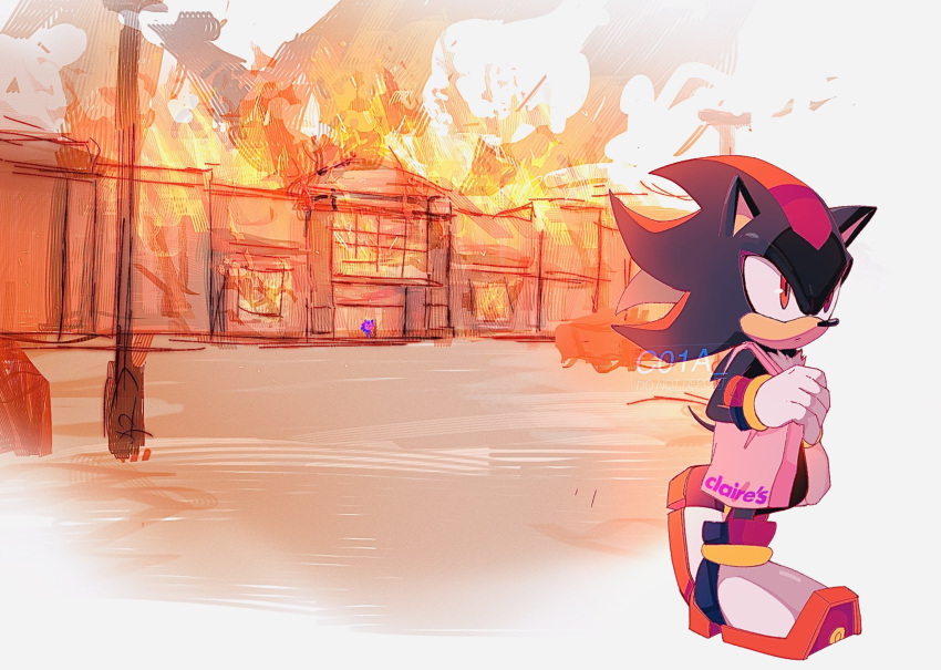 2boys artist_name bag black_hair building burning c01a_(cola) claire's_(company) closed_mouth highres holding holding_bag multiple_boys red_eyes redhead shadow_the_hedgehog shoes solo_focus sonic_(series) sonic_the_hedgehog watermark white_background