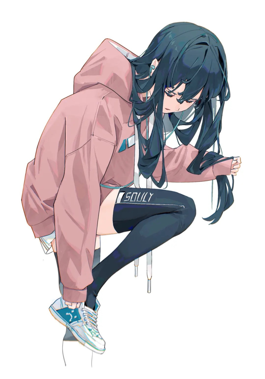 1girl bangs blue_footwear blue_legwear closed_eyes commentary_request cropped_legs drawstring earphones facing_down foot_out_of_frame hair_between_eyes hair_spread_out highres hood hood_down hoodie jadedata long_hair long_sleeves miniskirt original parted_lips pink_hoodie putting_on_shoes shirt shoes simple_background skirt sleeves_past_wrists sneakers solo thigh-highs white_background white_shirt